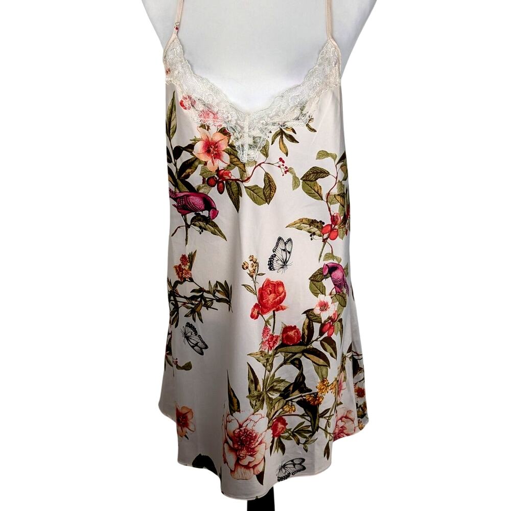 Linea Donatella Satin Chemise Nightgown SzL Ivory Floral Bird Butterfly LaceSlip